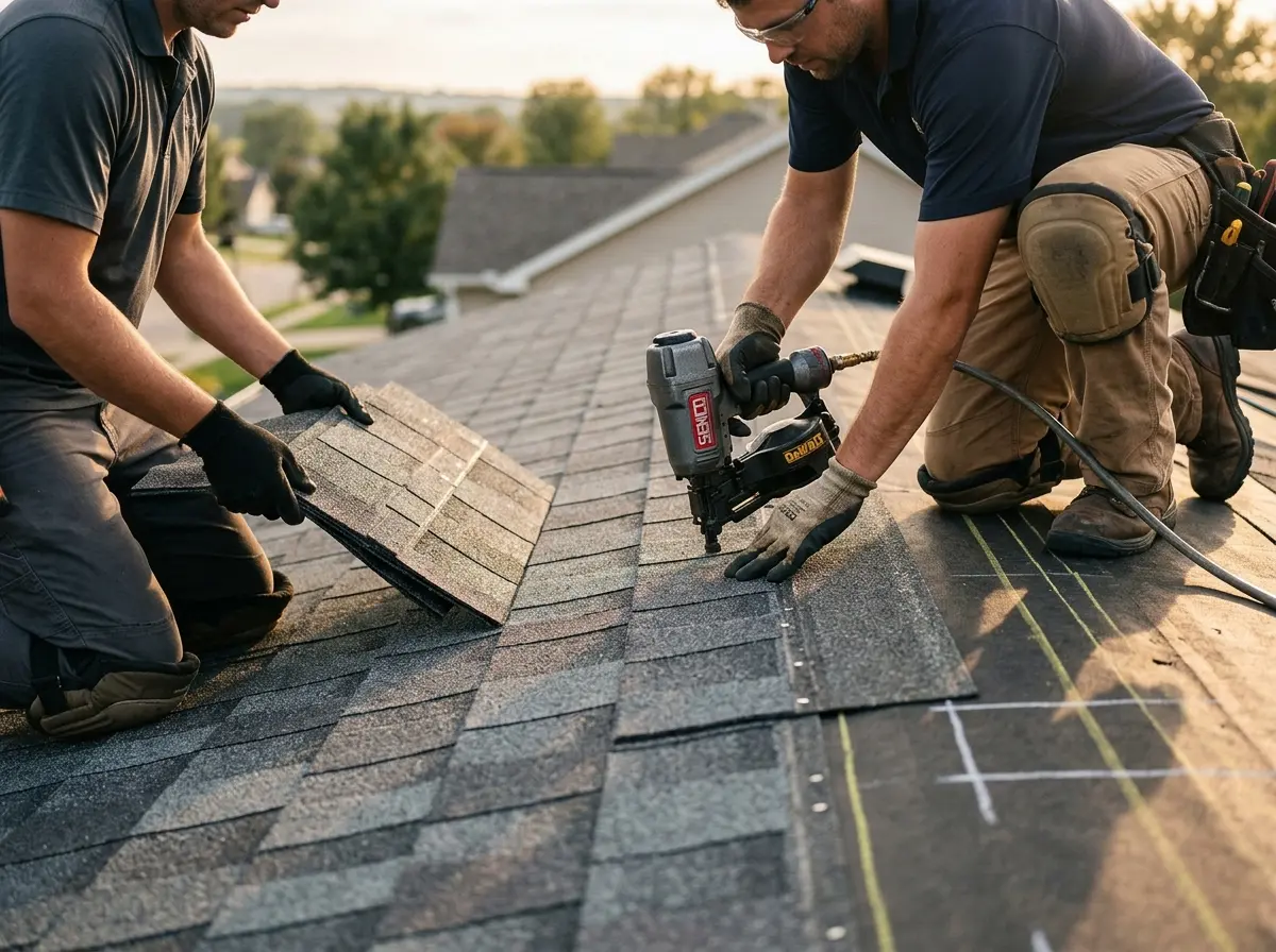 Professional roofer working on a residential roof in Celina